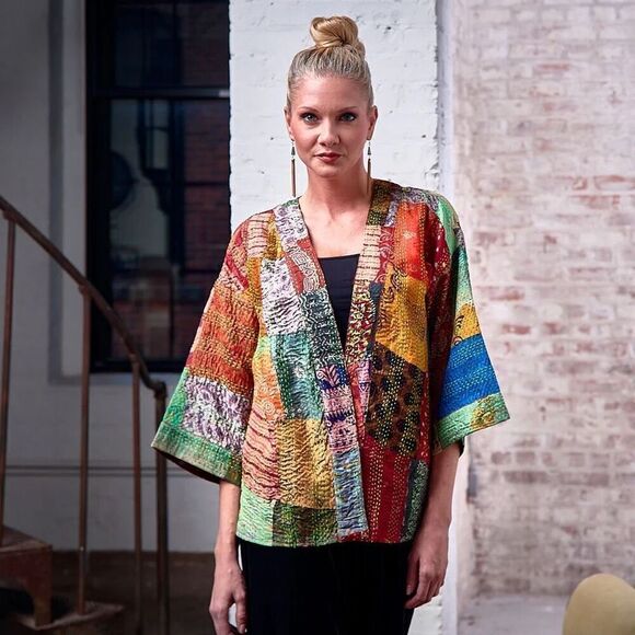 Aratta Silent Journey Women’s Silk Patchwork Oversized Kimono in Rust - Picture 11 of 12